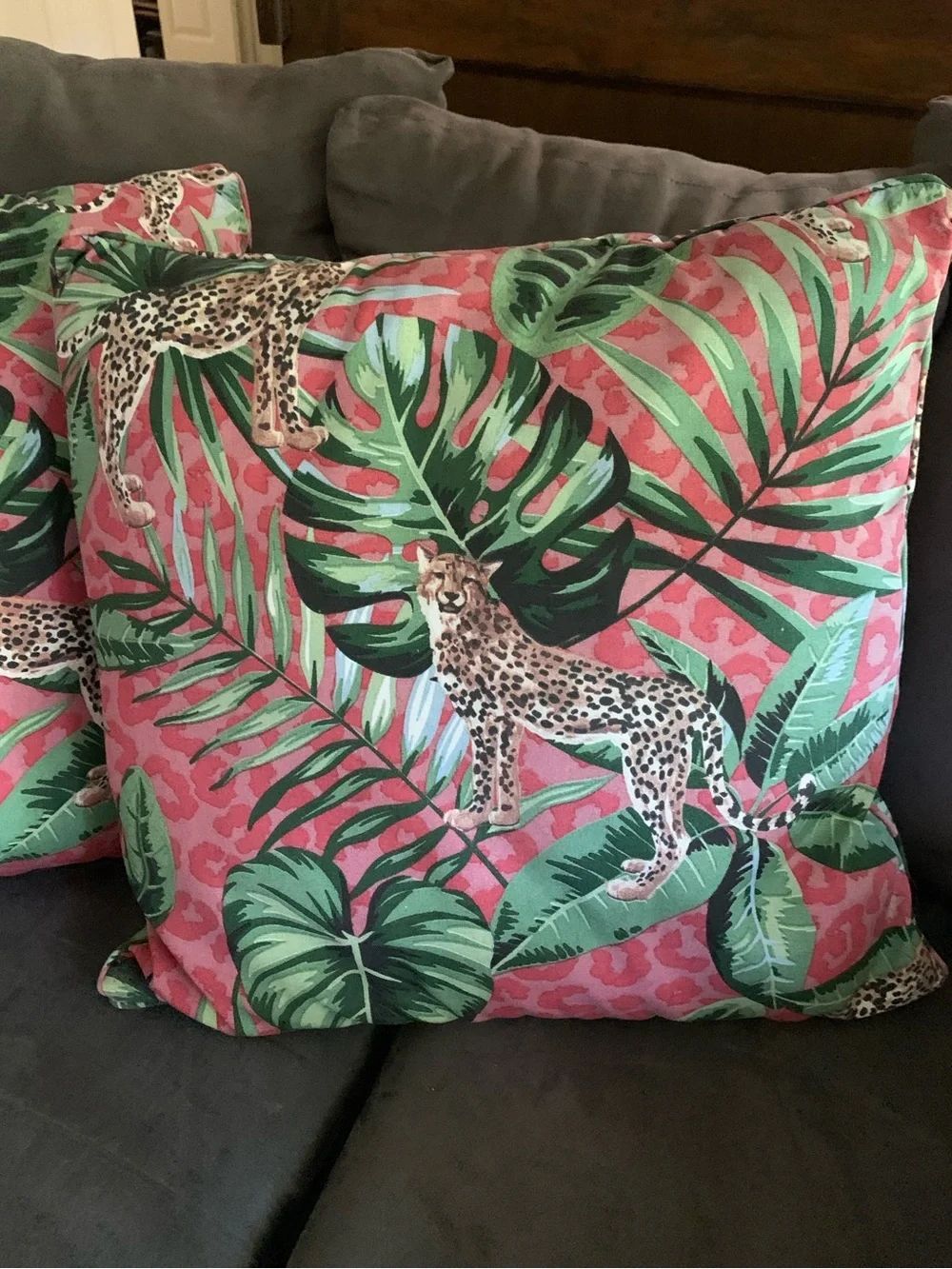 Pair of Madison Outdoors Tropical Leopard Accent Pillows in Pink and Green